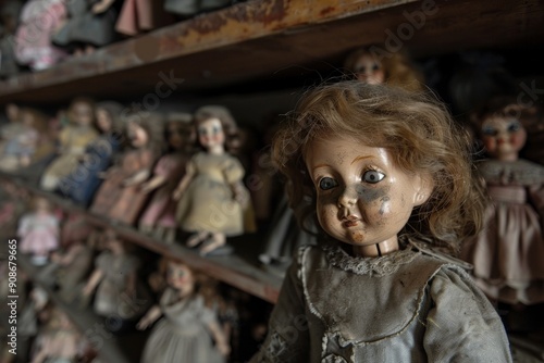 Creepy Doll Room. A dusty room filled with old, cracked dolls sitting on shelves, their glass eyes glinting eerily in the dim light.