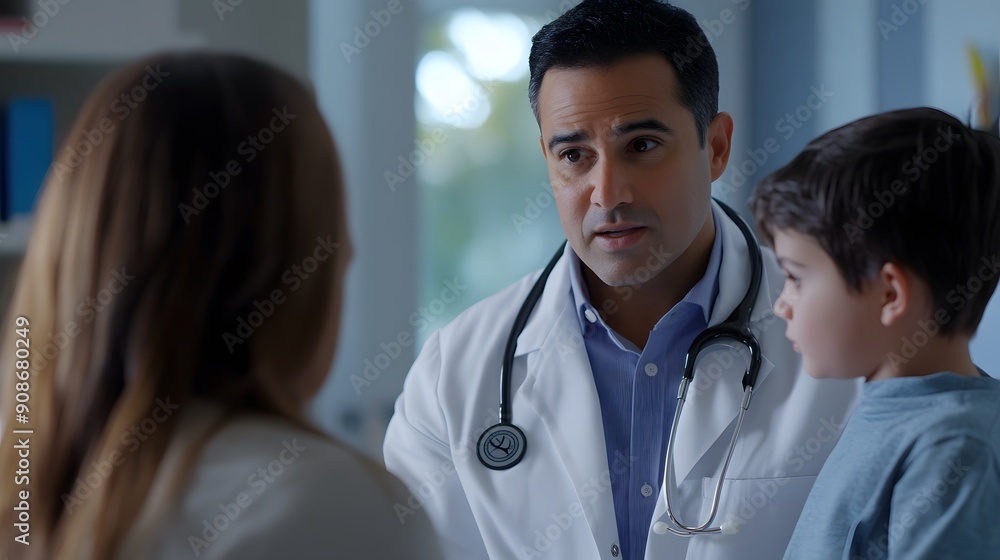 A heartfelt moment captured as a pediatrician conveys empathy and understanding to worried parents in a softly lit examination room, supportive presence, compassionate communication, caring A heartfelt moment captured as a pediatrician conveys empathy and understanding to worried parents in a softly lit examination room, supportive presence, compassionate communication, caring