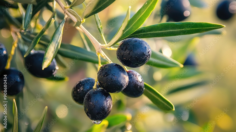 Olive tree branches with ripe black olives and dewy green leaves. Olive tree branches with ripe black olives and dewy green leaves.