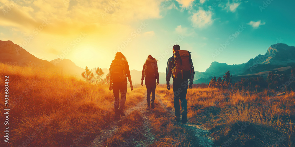 Obraz premium Hikers Walking on Scenic Mountain Trail at Sunset