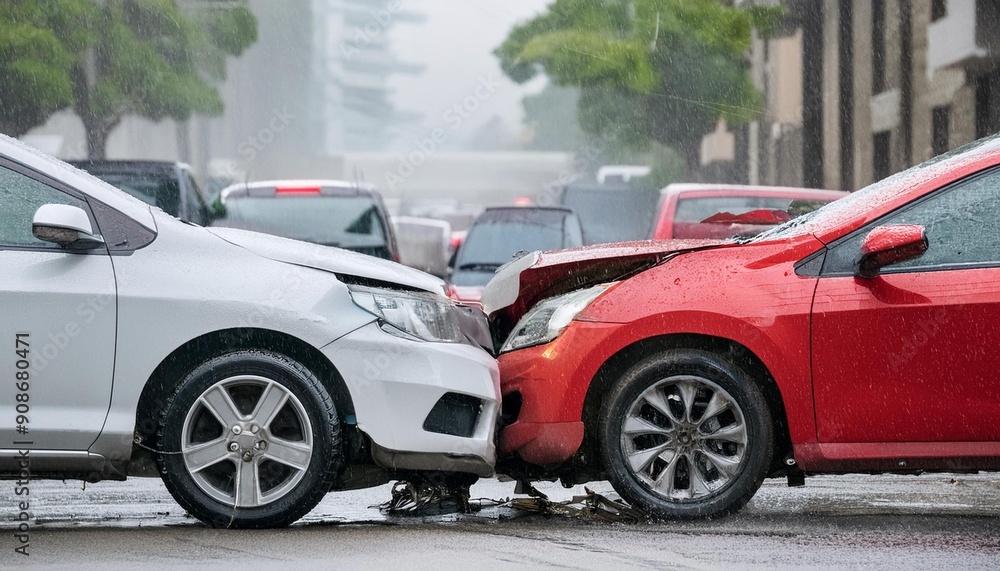 Major Collision Between Two Vehicles on Urban Street During Rainy Weather in the Afternoon Major Collision Between Two Vehicles on Urban Street During Rainy Weather in the Afternoon
