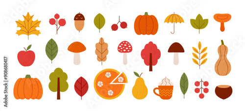 Autumn icons set. Fall elements for holiday design. Minimalist geometric style. Autumn leaves, mushrooms, maple, acorns, pie, berries, oak, pumpkins. Harvest time. Vector flat illustration.