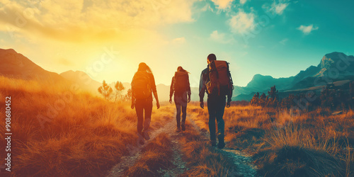 Hikers Walking on Scenic Mountain Trail at Sunset