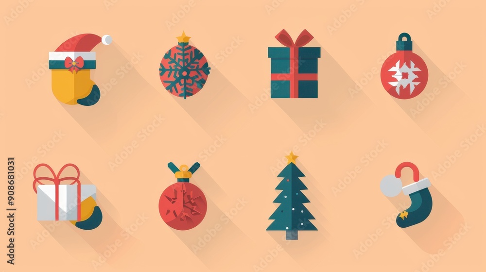 Festive holiday icons feature gifts, ornaments, a Christmas tree, and a stocking in vibrant colors Festive holiday icons feature gifts, ornaments, a Christmas tree, and a stocking in vibrant colors