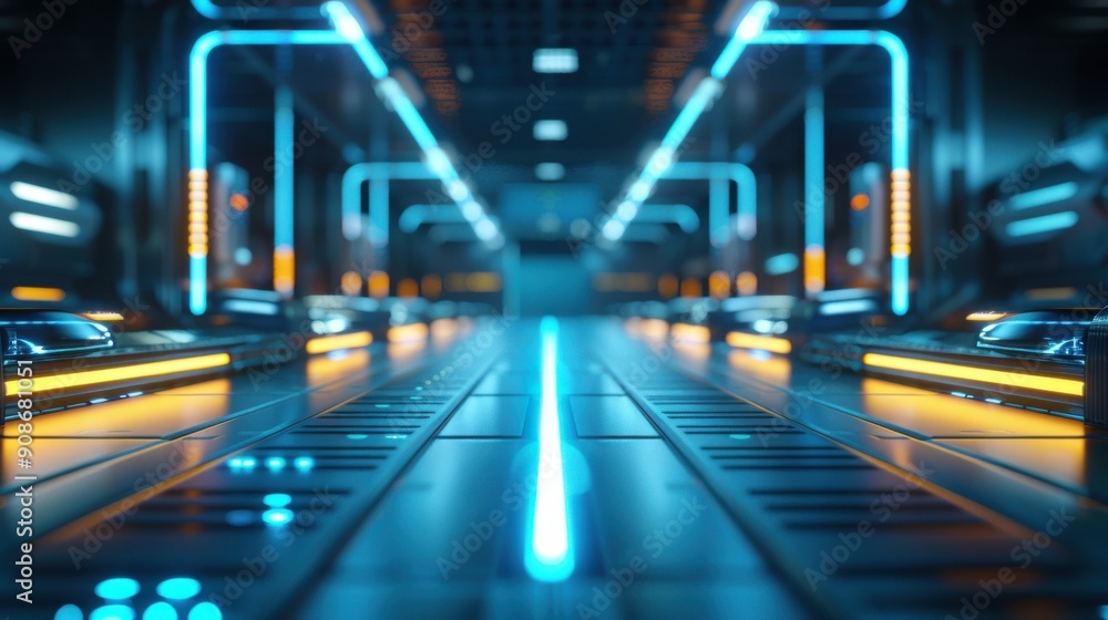 A cybernetic airport with robotic terminals and neon runways, in a hightech industrial area A cybernetic airport with robotic terminals and neon runways, in a hightech industrial area
