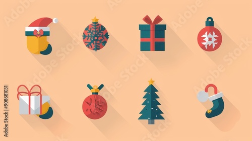 Festive holiday icons feature gifts, ornaments, a Christmas tree, and a stocking in vibrant colors