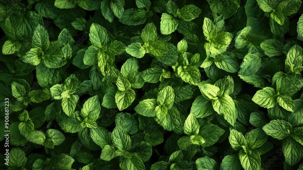 Obraz premium Overhead shot of mint leaves forming a refreshing and aromatic backdrop.