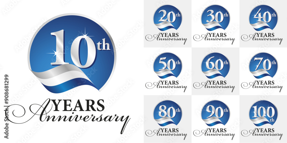 Set of Anniversary decades vector creative design circle emblems with ribbon and silver numbers blue color on white background for celebration event, invitation, greeting, web template, booklet Set of Anniversary decades vector creative design circle emblems with ribbon and silver numbers blue color on white background for celebration event, invitation, greeting, web template, booklet