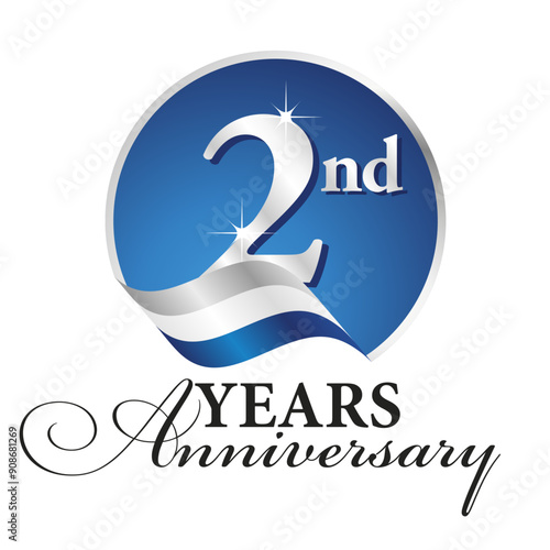 Anniversary 2nd years celebrating logo silver white blue ribbon background.ai
