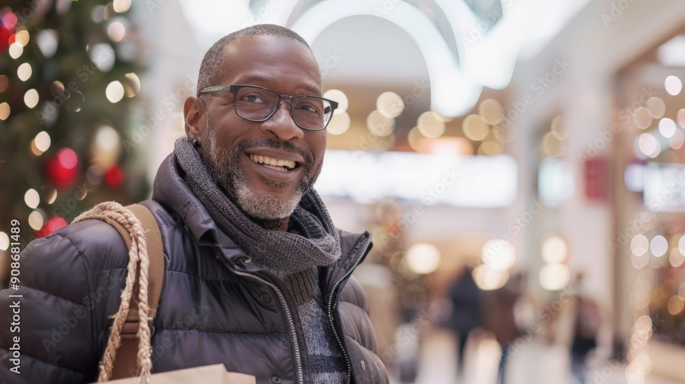 Smiling Man Holiday Shopping in a Festive Mall with Christmas Decorations and Lights Smiling Man Holiday Shopping in a Festive Mall with Christmas Decorations and Lights