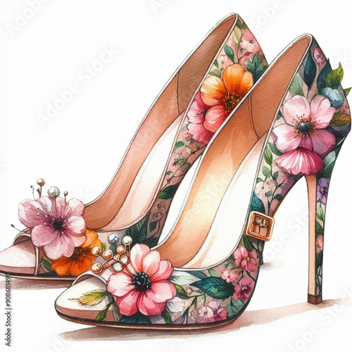 accessory with flowers hand drawn illustration on high heels with flower design