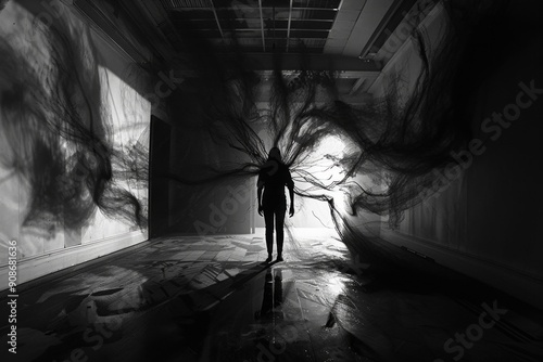 Fear of Darkness: A pitch-black void spreading out from a central point in a once brightly lit room, consuming light and creating tendrils of shadow that reach out like claws.