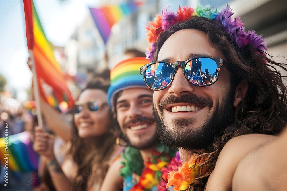 A joyful selfie of a group of LGBTQIA individuals smiling and holding rainbow flags at a pride parade, celebrating and supporting the LGBTQIA community A joyful selfie of a group of LGBTQIA individuals smiling and holding rainbow flags at a pride parade, celebrating and supporting the LGBTQIA community