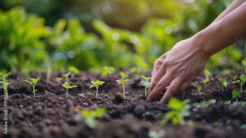 Person planting young vegetables in a garden, focusing on hands and feet planting seeds into rich soil. Outdoor scene with green plants and freshly planted seedlings in the background