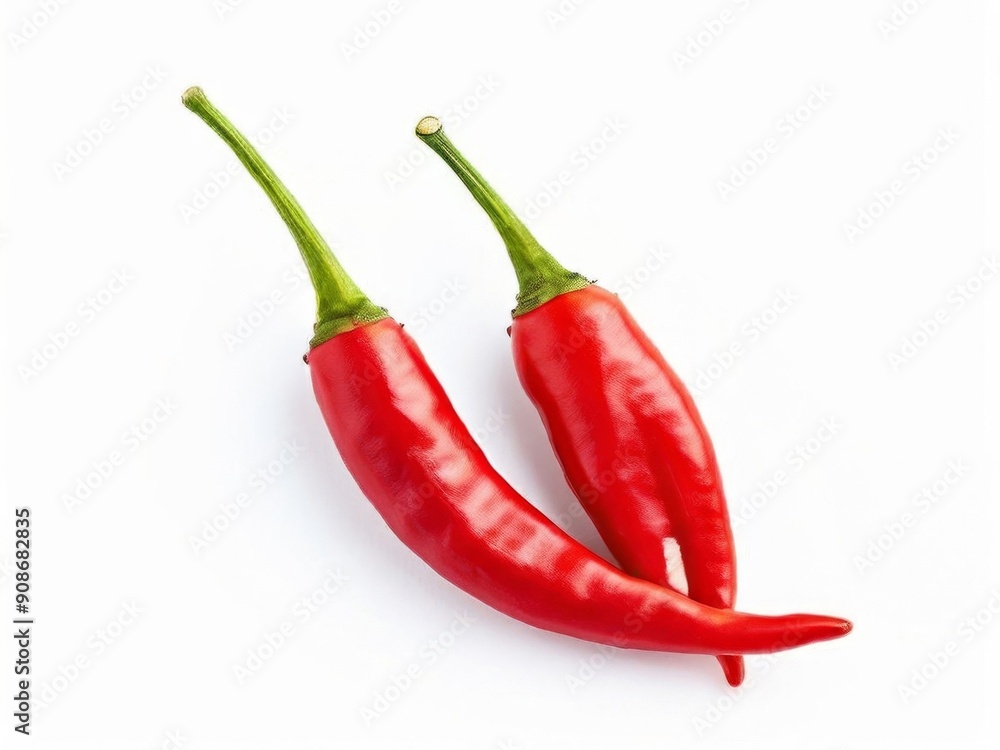 Vibrant red chili peppers with green stems are arranged on a clean white background. AI generated.
Vibrant red chili peppers with green stems are arranged on a clean white background. AI generated.