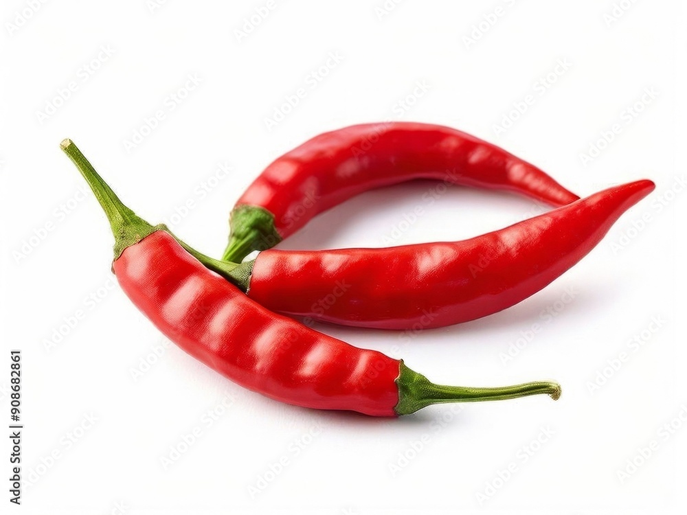 Vibrant red chili peppers with green stems are arranged on a clean white background. AI generated.
Vibrant red chili peppers with green stems are arranged on a clean white background. AI generated.