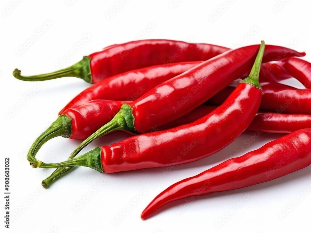 Vibrant red chili peppers with green stems are arranged on a clean white background. AI generated.
Vibrant red chili peppers with green stems are arranged on a clean white background. AI generated.