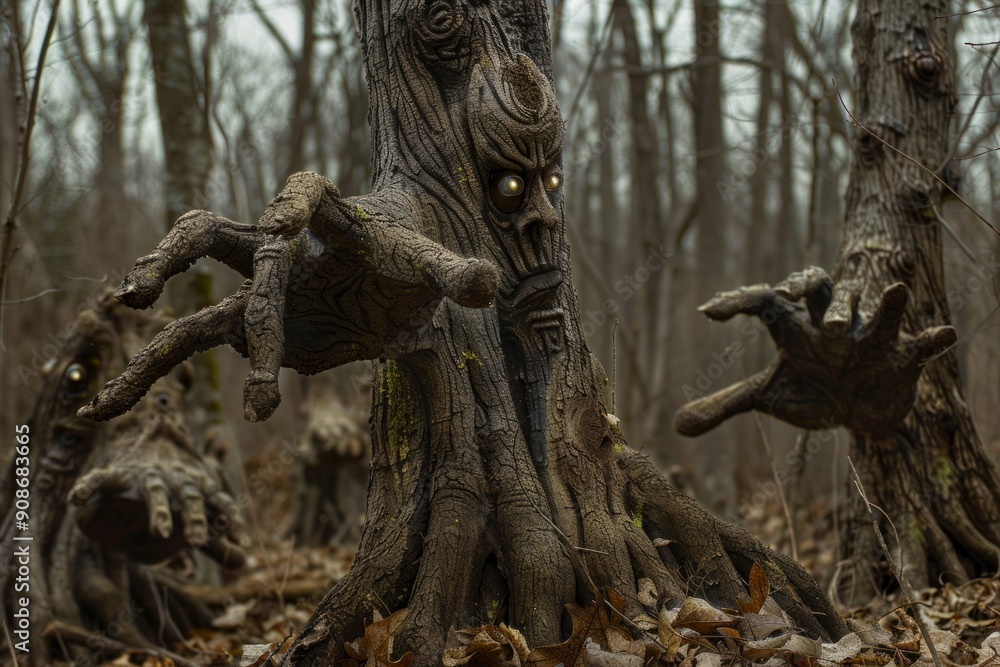 Fear of the Natural World. A forest where trees have eyes and branches form into hands, creatures made of leaves and dirt emerging from the underbrush, symbolizing the fear of nature. Fear of the Natural World. A forest where trees have eyes and branches form into hands, creatures made of leaves and dirt emerging from the underbrush, symbolizing the fear of nature.