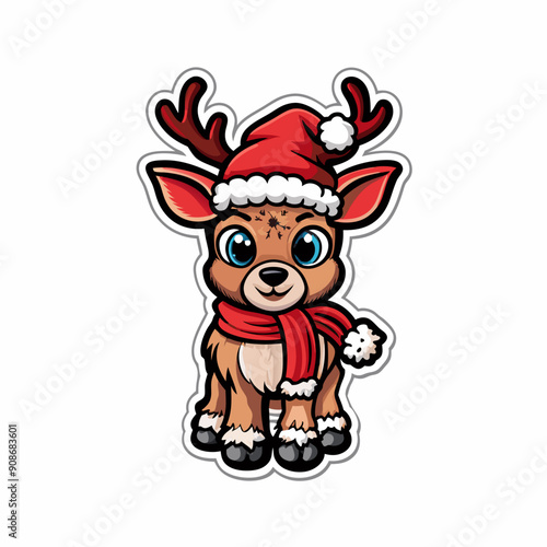 A cute baby dressed in a Santa Claus costume is riding a reindeer that is trying to pull a sleigh.