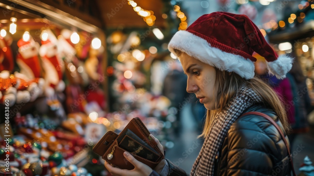 Woman Shopping at Festive Christmas Market in Red Santa Hat during Winter Evening Woman Shopping at Festive Christmas Market in Red Santa Hat during Winter Evening