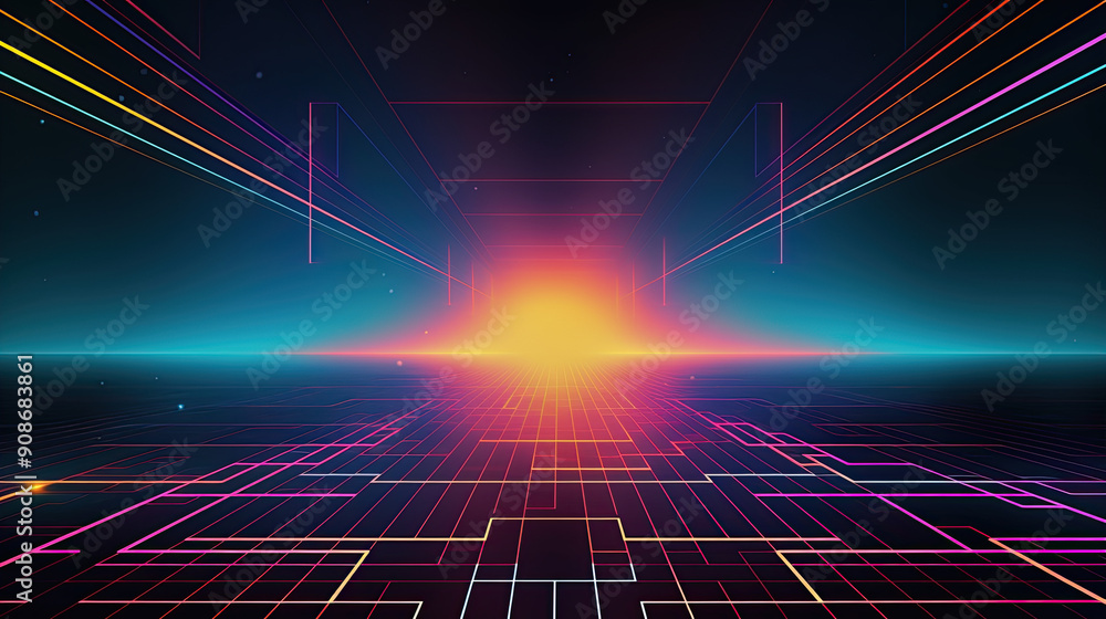 Dynamic retro-futuristic digital art showcasing neon lights and geometric patterns. This psychedelic synthwave design features glowing lines, a radiant horizon, and a dark, ideal for cyberpunk Dynamic retro-futuristic digital art showcasing neon lights and geometric patterns. This psychedelic synthwave design features glowing lines, a radiant horizon, and a dark, ideal for cyberpunk