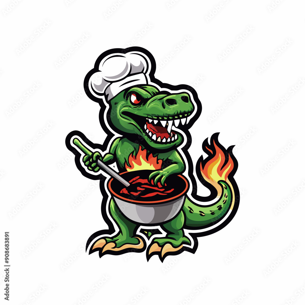 A green dinosaur wearing a chef's hat is cooking a meal in a kitchen. A green dinosaur wearing a chef's hat is cooking a meal in a kitchen.