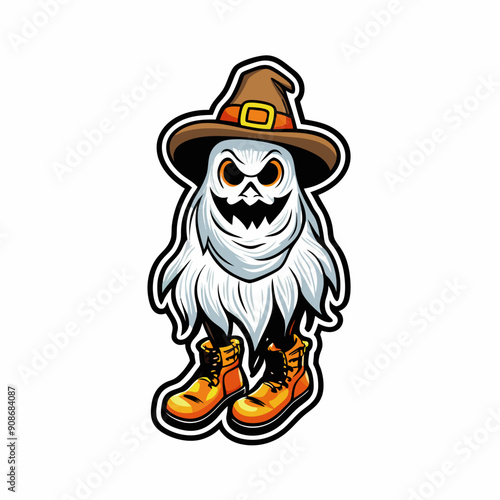 A spooky Halloween ghost wearing a cowboy hat and boots.