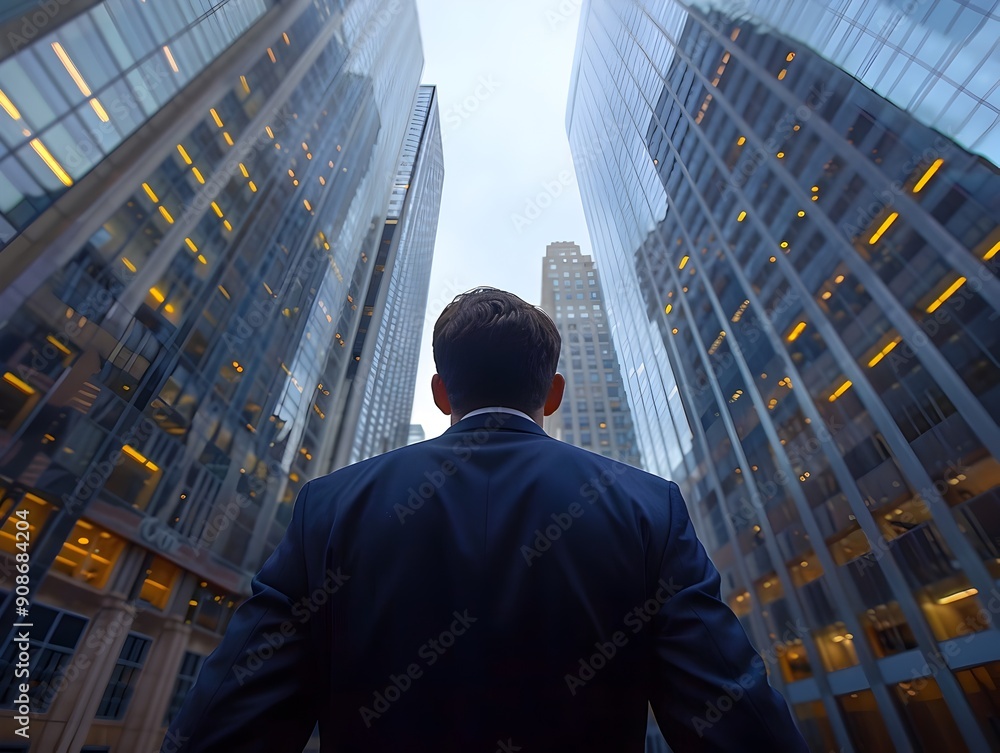 Businessman Looking Up at Towering Skyscrapers in Urban Cityscape Businessman Looking Up at Towering Skyscrapers in Urban Cityscape
