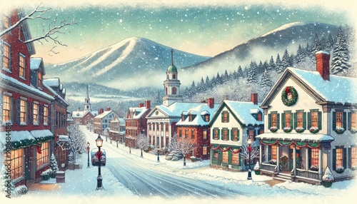 A picturesque scene in historic town of Stowe, Vermont, charming colonial architecture is blanketed in snow