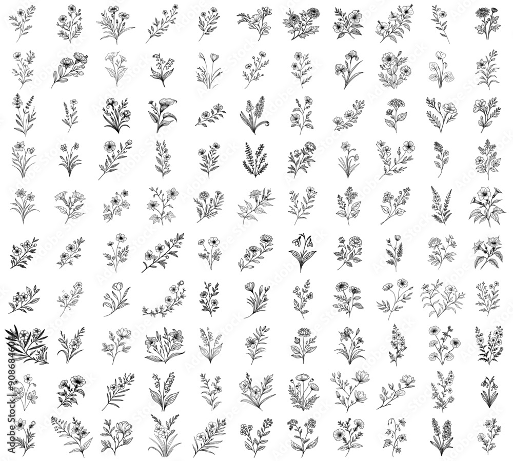 Hand drawn floral elements set, black shapes vector flowers doodle illustration Hand drawn floral elements set, black shapes vector flowers doodle illustration