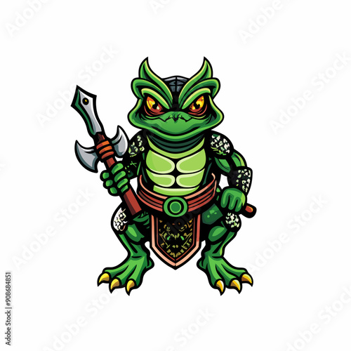 A green frog warrior wearing armor and wielding a sword, in a dynamic pose.