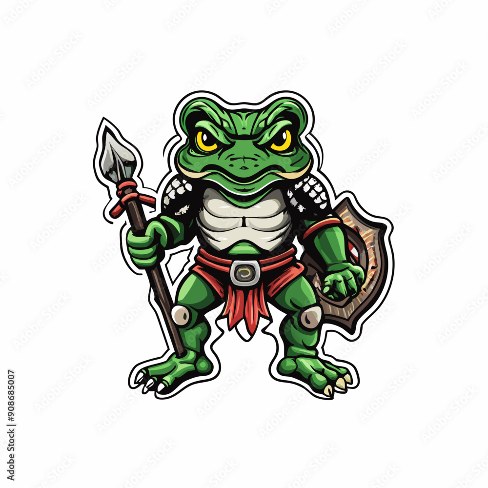 A fierce green frog warrior, clad in armor and wielding a sword, stands ready for battle. A fierce green frog warrior, clad in armor and wielding a sword, stands ready for battle.