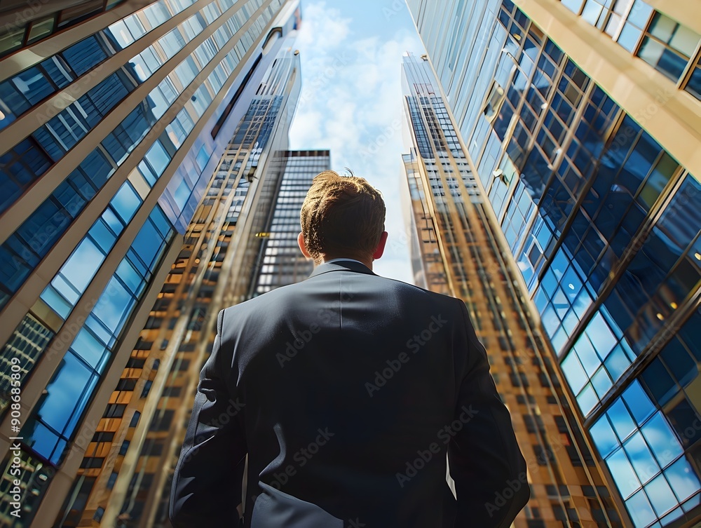 Fototapeta premium Ambitious Businessman Gazing at Towering Skyscrapers in Urban Cityscape