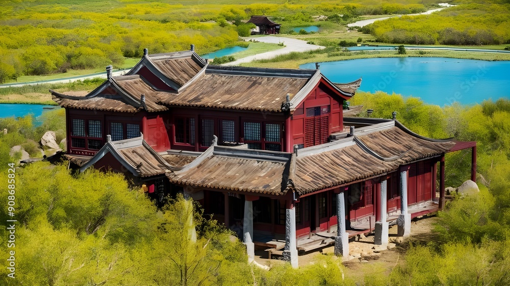 A Chinese house built in traditional style with a red, wooden exterior. Culture and traditions. A Chinese house built in traditional style with a red, wooden exterior. Culture and traditions.