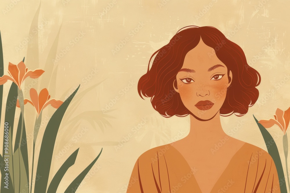 Chinese minimalism illustration, portrait of a dark-skinned woman with short, wavy copper hair, wearing a loose blouse, flat illustration Chinese figure illustration on warm beige background Chinese minimalism illustration, portrait of a dark-skinned woman with short, wavy copper hair, wearing a loose blouse, flat illustration Chinese figure illustration on warm beige background