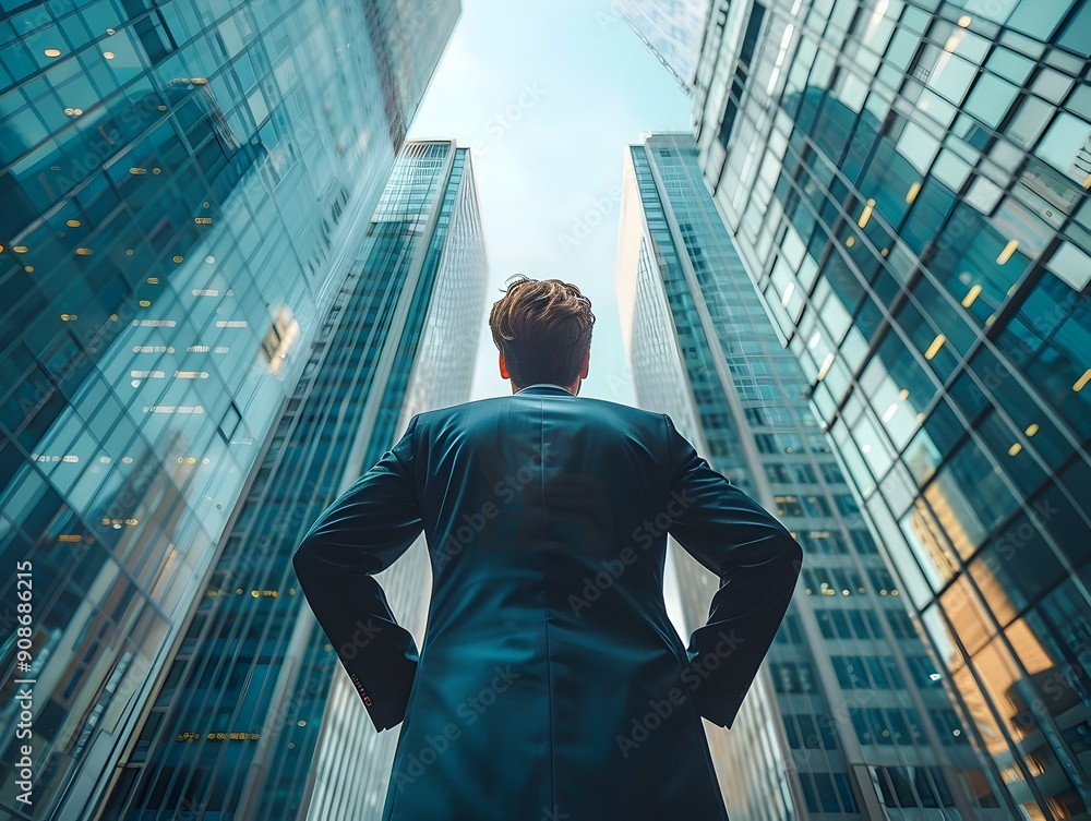 Ambitious Businessman Gazing Up at Soaring Skyscrapers in Bustling City Skyline Ambitious Businessman Gazing Up at Soaring Skyscrapers in Bustling City Skyline