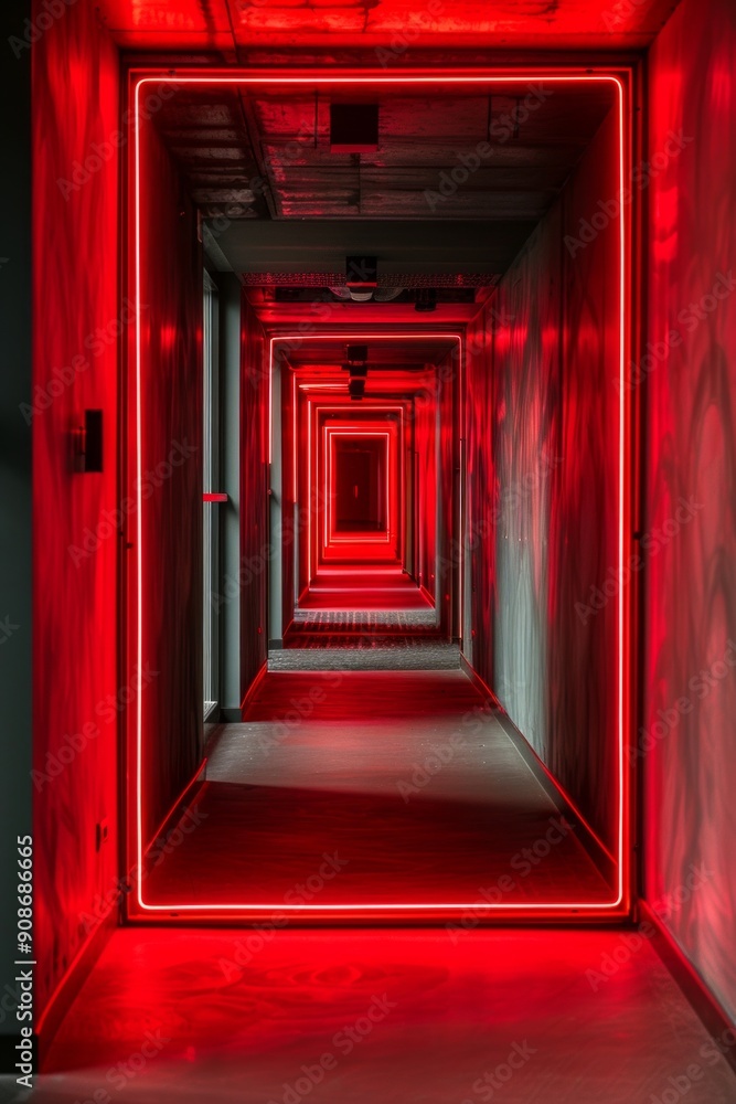 Gray Toned Corridor with Red Neon Light. A corridor with varying shades of gray on the walls, floor, and ceiling. Gray Toned Corridor with Red Neon Light. A corridor with varying shades of gray on the walls, floor, and ceiling.
