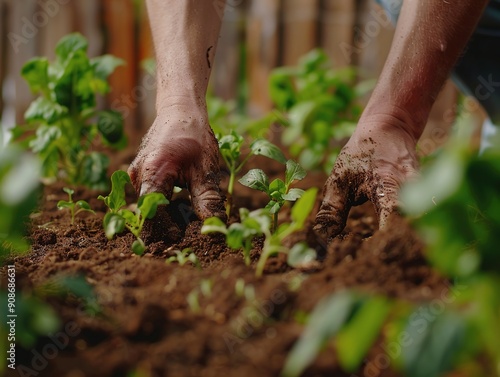 Person planting young vegetables in a garden, focusing on hands and feet planting seeds into rich soil. Outdoor scene with green plants and freshly planted seedlings in the background