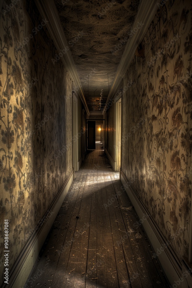 Obraz premium Haunted Corridor. A long, narrow corridor with peeling wallpaper, and dim lighting casting unsettling shadows. 