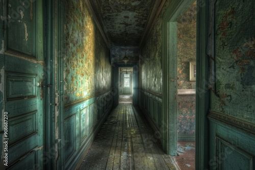 Haunted Corridor. A long, narrow corridor with peeling wallpaper, and dim lighting casting unsettling shadows.  photo