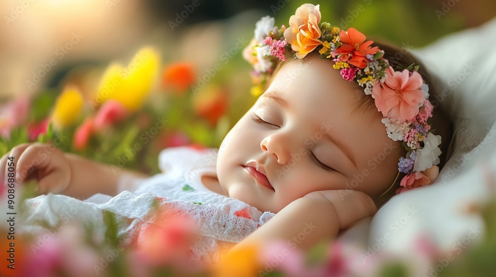 Obraz premium Beautiful Baby Girl sleep between the flowers with flower crown