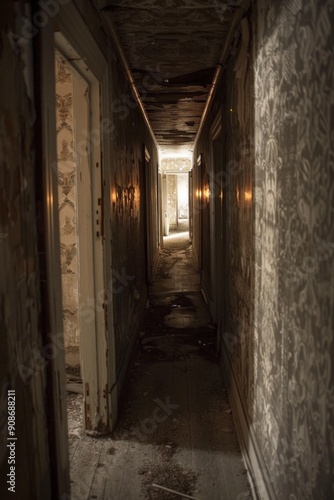 Wallpaper Mural Haunted Corridor. A long, narrow corridor with peeling wallpaper, and dim lighting casting unsettling shadows.  Torontodigital.ca