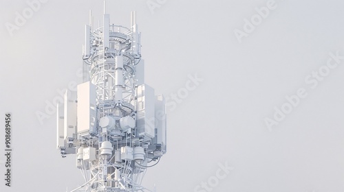 Clear and detailed image of a telecommunication tower with 5G antennas, isolated against a white background, in 32k UHD with focus stacking, showing all components with high clarity