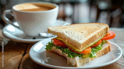 Realistic photo of a coffee cup and sandwich on a table, showcasing appetizing food and drink photo