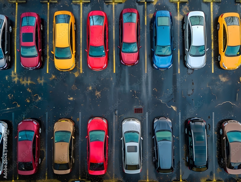 Fototapeta premium Aerial Overhead View of Organized Car Parking Lot in Urban City Environment