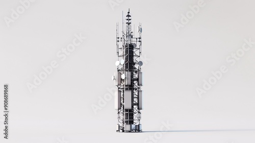 Ultra-high-definition image of a telecommunication tower, featuring 5G mobile internet antennas, isolated on a white background, captured in 32k UHD with focus stacking for maximum detail