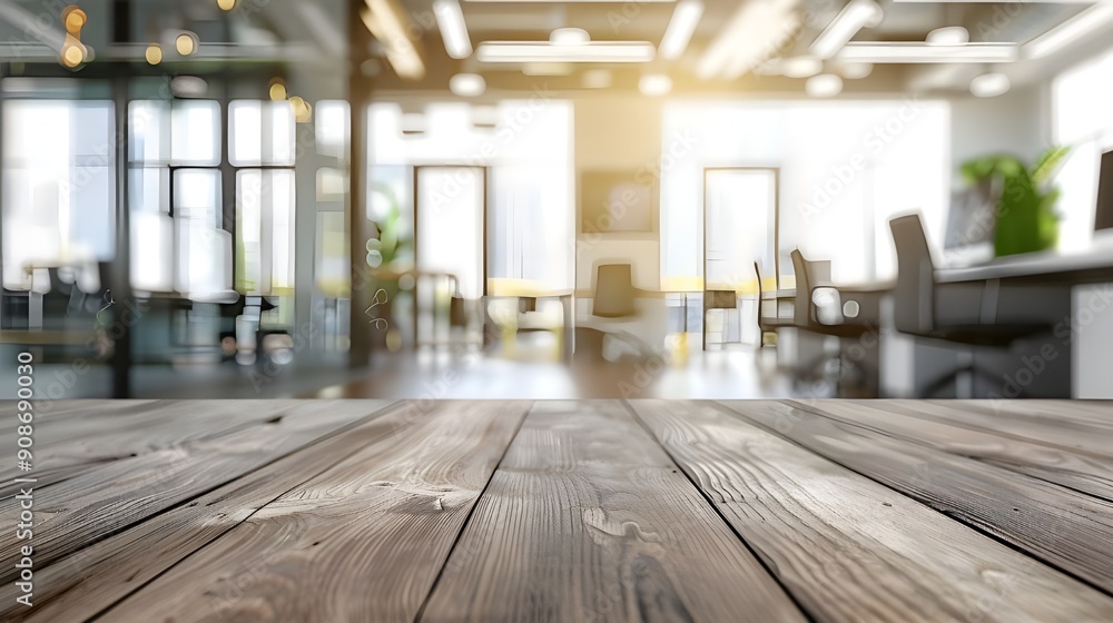 Wooden Tabletop Against Blurred Office Background Wooden Tabletop Against Blurred Office Background