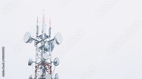 Sharp and detailed photo of a telecommunication tower with 5G antennas, isolated on a white background, in 32k UHD with focus stacking, highlighting every element with precision