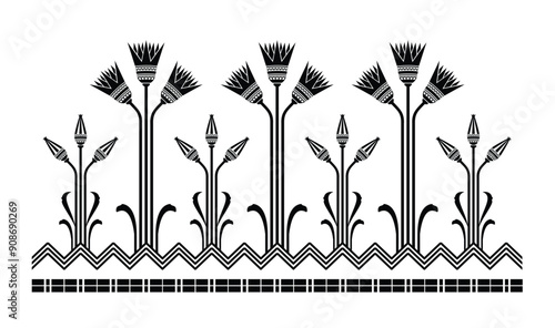 Seamless vector illustration based on the Egyptian national ornament with lotus flower in a linear style.