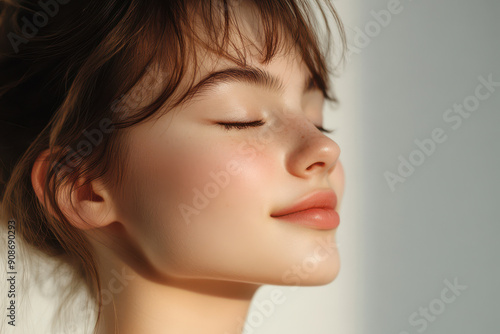 A close up of a girl's face with her eyes closed